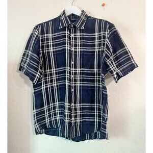 Scott Barber Mens Plaid Linen KhakisCarmel Button-Down Shirt Large Navy Casual